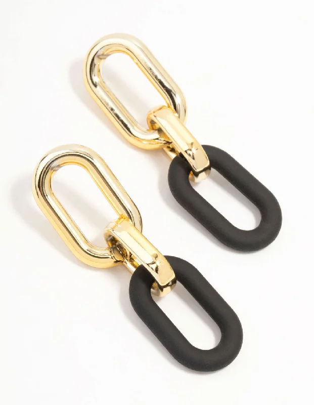 Statement earrings with sapphire accents-Gold & Black Chubby Link Drop Earrings