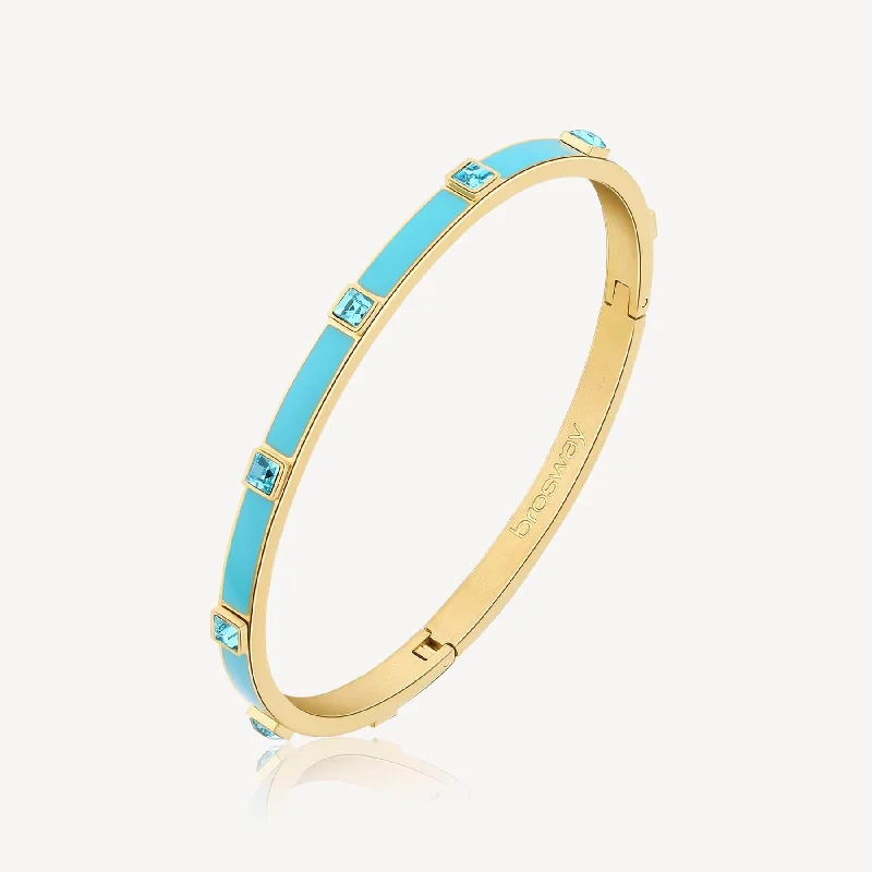 Unique gemstone bangles for women-Stainless Steel Gold Tone Latching Bangle with Light Blue Enamel & Crystals