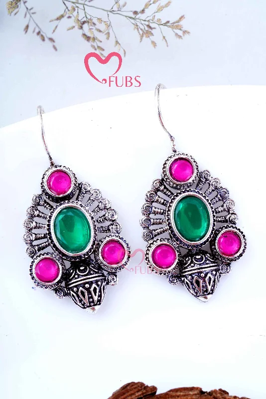 Classic gold earrings with emerald accents-Kundan Stone Oxidised Hook Earrings