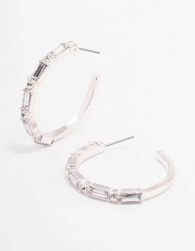 Classic pearl earrings for women-Silver Baguette Medium Hoop Earrings