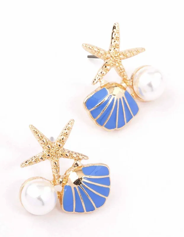 Elegant drop earrings with citrine-Gold & Blue Starfish Pearl Cluster Stud Earrings