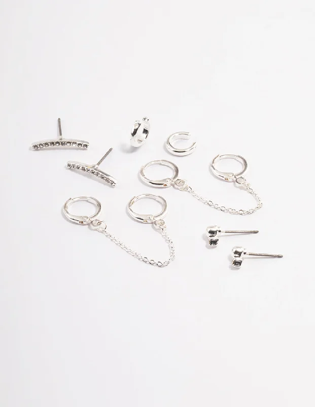 Affordable earrings for casual wear-Silver Diamante Huggie Chain Earrings 5-Pack