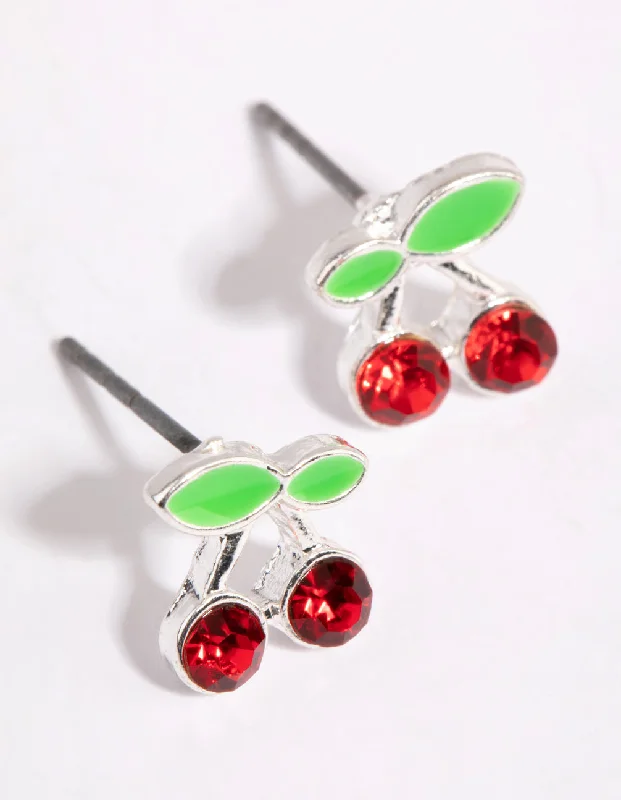 Beautiful drop earrings with garnets-Silver & Red Cherry Stud Earrings