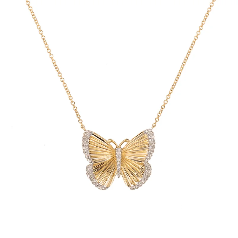 Custom necklaces with message engraving-Pleated Double Diamond Trim Butterfly Necklace