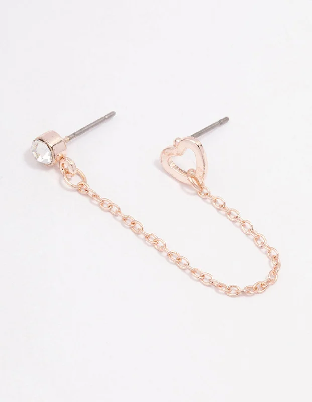 Classic gold earrings with emerald accents-Rose Gold Diamante & Heart Chain Drop Earrings