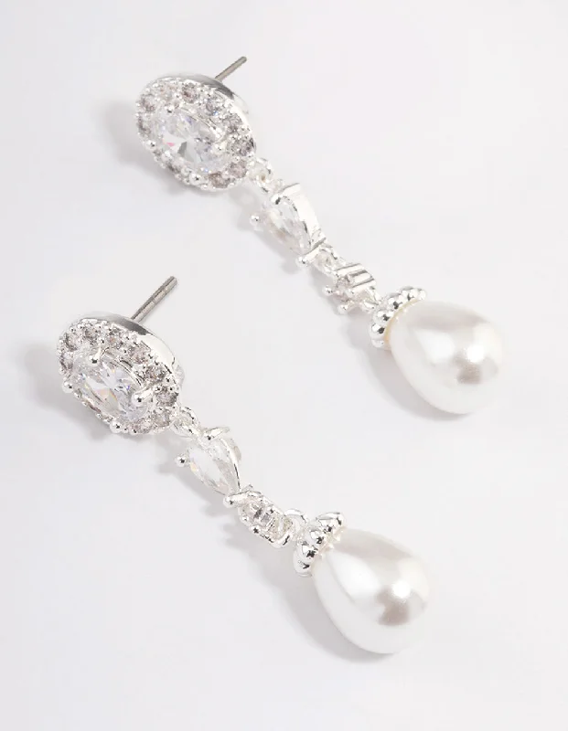 Unique gemstone earrings for women-Silver Plated Cubic Zirconia Halo Pearl Drop Earrings