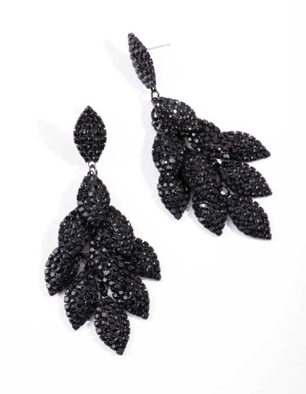 Custom-designed earrings for women-Black Coated Metal Diamante Leaf Earrings