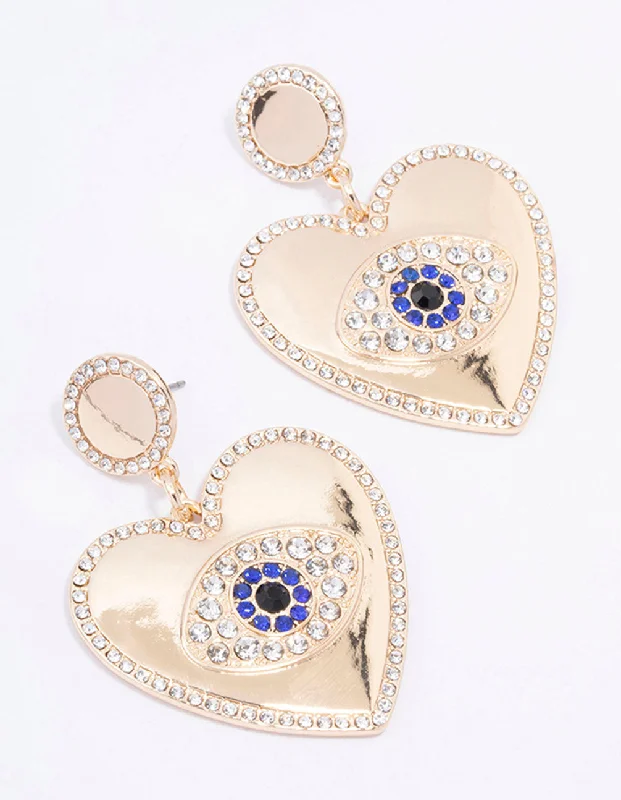 Affordable earrings for everyday wear-Gold Heart Diamante Eye Drop Earrings