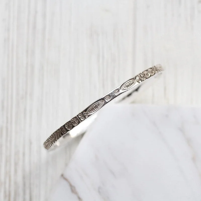 Classic pearl bangles for brides-Stamped Fish and Fern Bangle