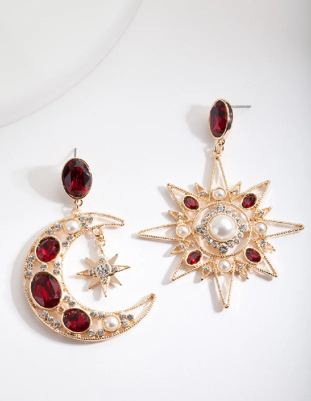 Elegant earrings with emeralds-Red Star & Moon Drop Earrings