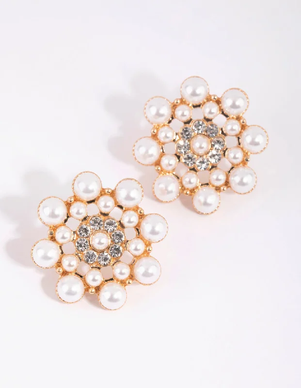 Trendy ear cuffs for women-Gold Pearl Flower Stud Earrings