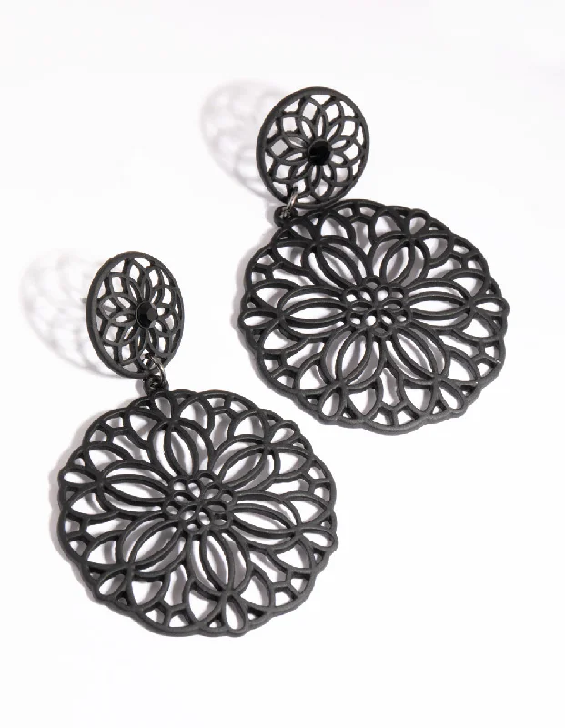 Stylish diamond earrings for women-Matte Black Filigree Drop Earrings