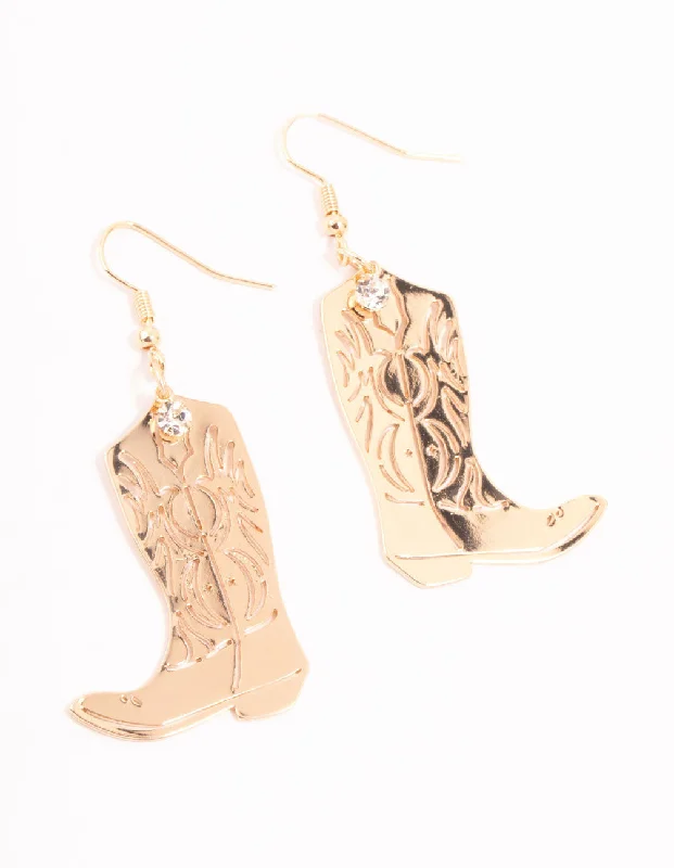 Beautiful earrings with jade stones-Gold Cowboy Boot Drop Earrings