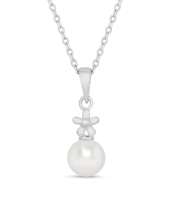 Fashionable layered necklaces for women-Flower & Freshwater Pearl Pendant in Sterling Silver