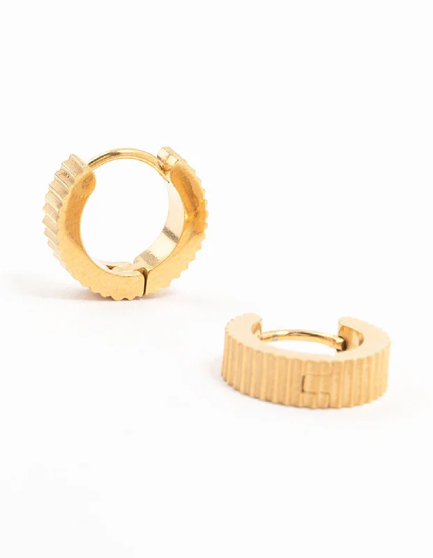 Designer earrings with intricate designs-Waterproof Gold Plated Stainless Steel Ribbed Wide Huggie Earrings