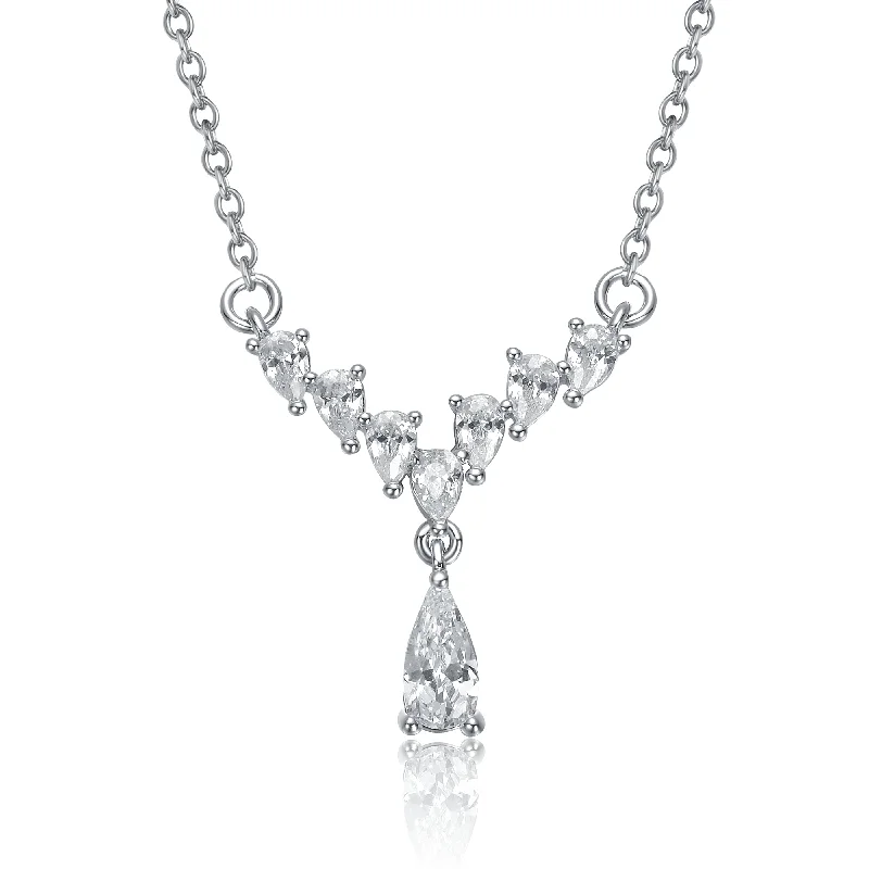 Elegant gold necklaces for women-Sterling Silver White Gold Plated with Clear Graduated Cubic Zirconia Y-Necklace