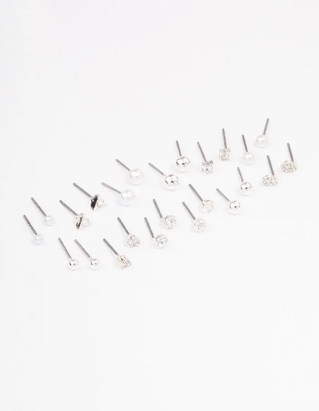 Unique earrings with zirconia accents-Silver Classic Pearl & Stone Earring 12-Pack