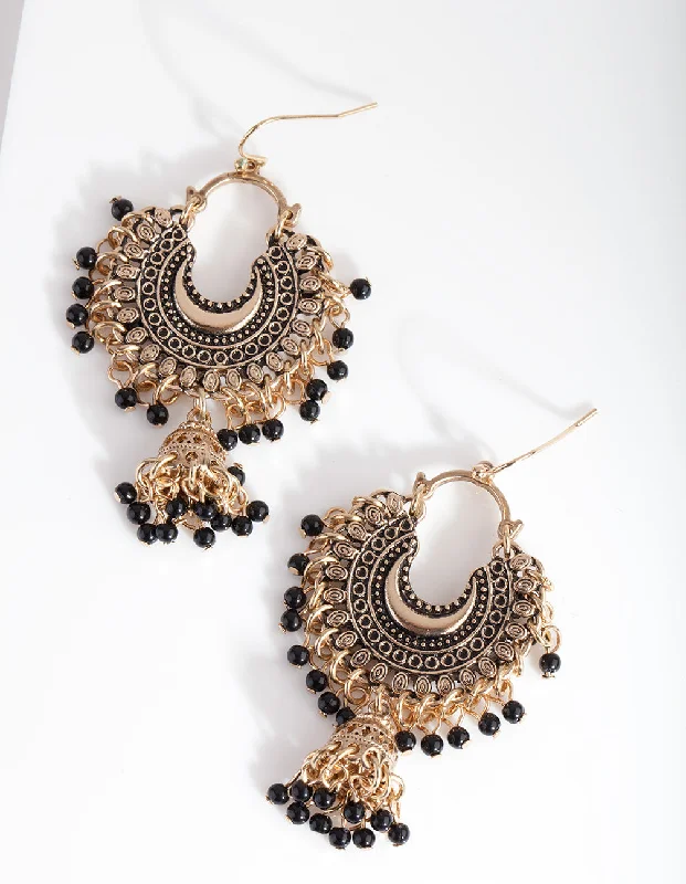 Affordable gold earrings for women-Mini Antique Gold Bead Tassel Drop Earrings