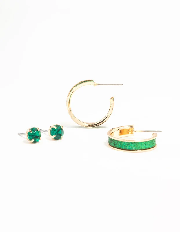 Stylish drop earrings with crystals-Green Glitter Hoops & Green Diamante Stud Earrings 2-Pack