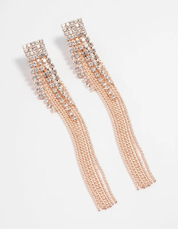 Elegant diamond earrings with gold settings-Rose Gold Diamante Cup Chain Drop Earrings