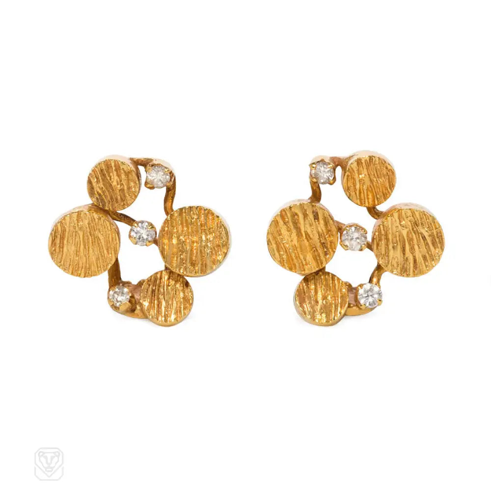 Chic earrings with floral designs-Gold and diamond mid-century earrings