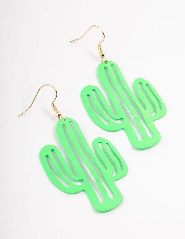 Custom-made earrings with initials-Green Cactus Drop Earrings