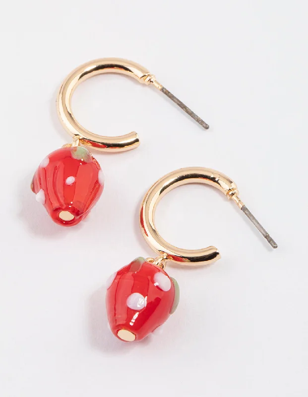 Stylish earrings with opals-Red Mini Strawberry Huggie Earrings