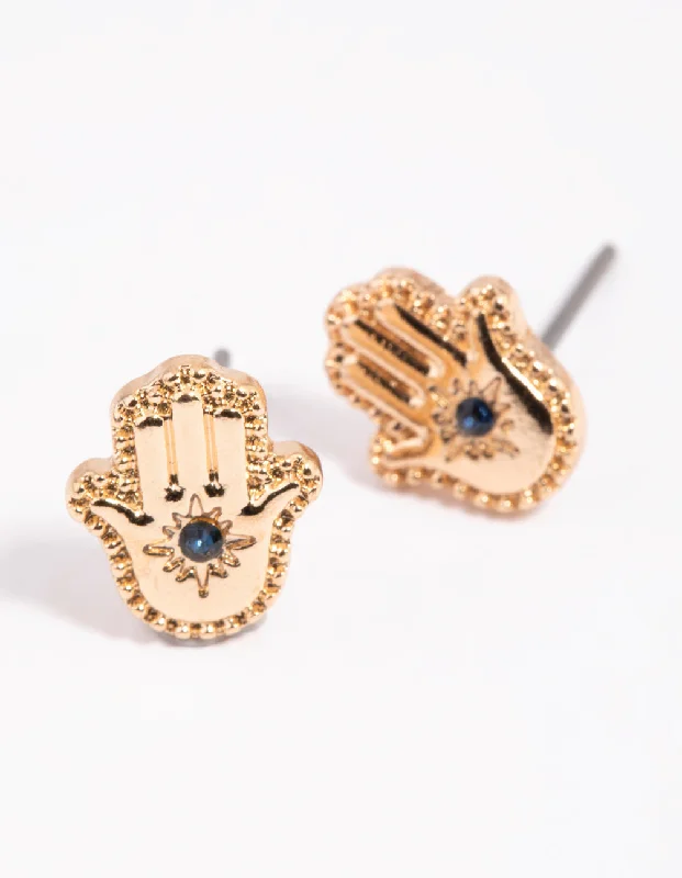 Modern stud earrings for women-Gold Hamsa Hand Stud Earrings