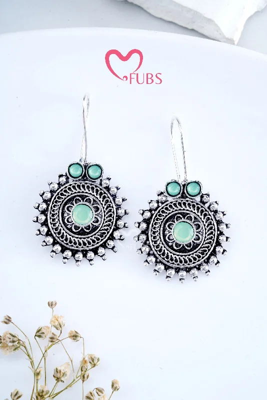 Custom-made earrings with initials-Light Green Oxidized Moonlit Round Hooks Earrings