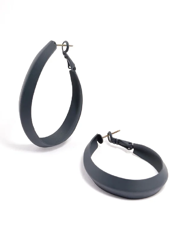 Beautiful earrings with peridot stones-Coated Navy Long Curve Hoop Earrings