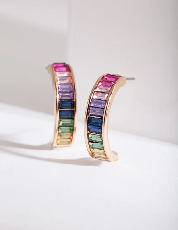 Statement earrings with multi-colored gemstones-Gold Rainbow Gem Hoop Earrings