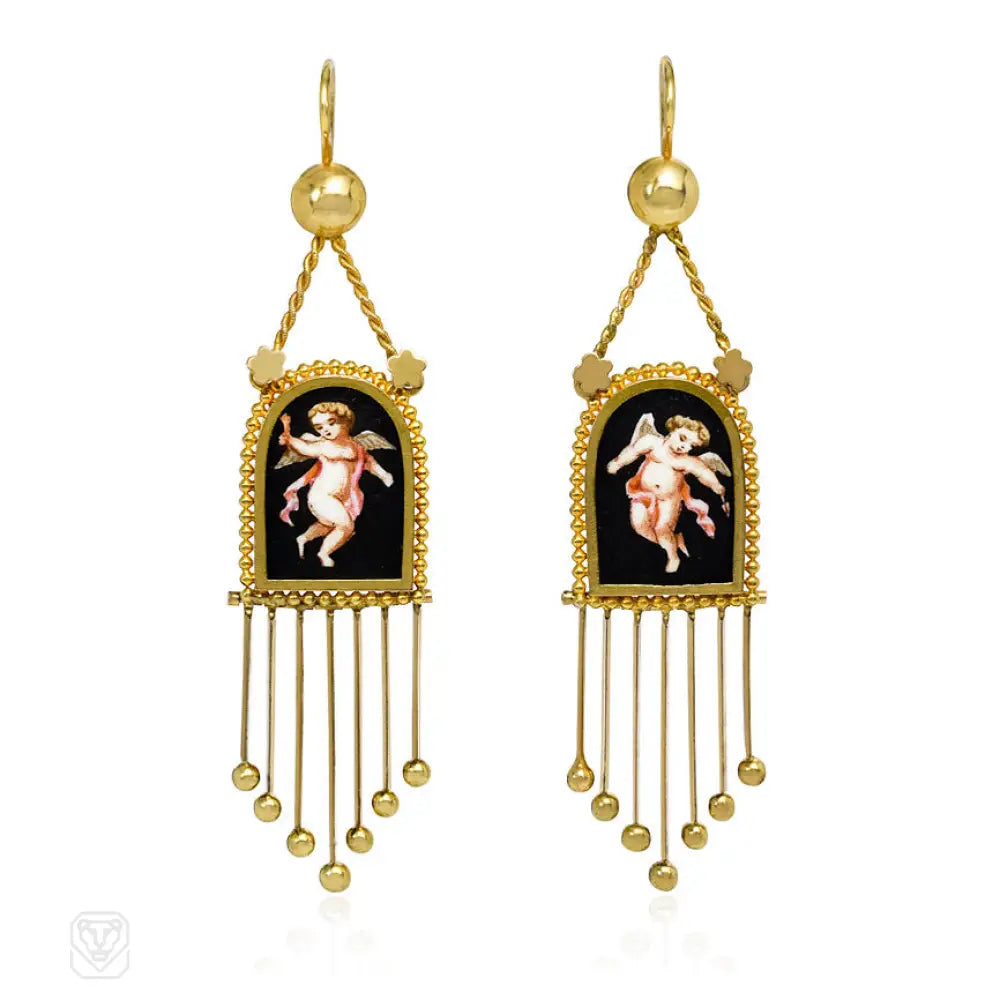 Elegant earrings with pearl accents-Antique gold cupid pendant earrings