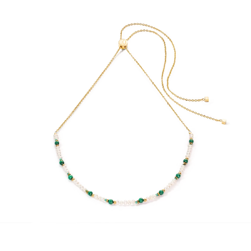 Stylish silver necklaces for women-Harmony necklace freshwater pearls malachite & gold