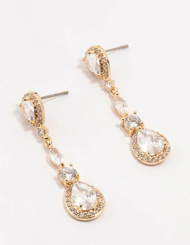 Unique earrings with freshwater pearls-Gold Cubic Zirconia Pear Halo Drop Earrings