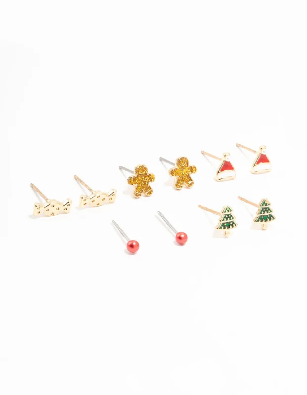 Classic diamond drop earrings for women-Candy & Tree Small Gold Stud Earrings 5-Pack