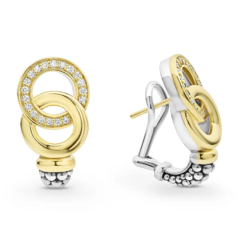 Trendy earrings with geometric patterns-Signature Caviar Two-Tone Interlocking Diamond Omega Clip Earrings