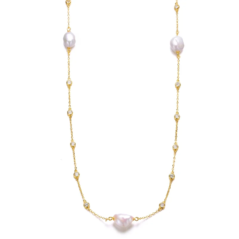 Simple pearl necklaces for formal events-Sterling Silver 14k Yellow Gold Plated Baroque Pearl Bead Station Necklace, Adjustable Length