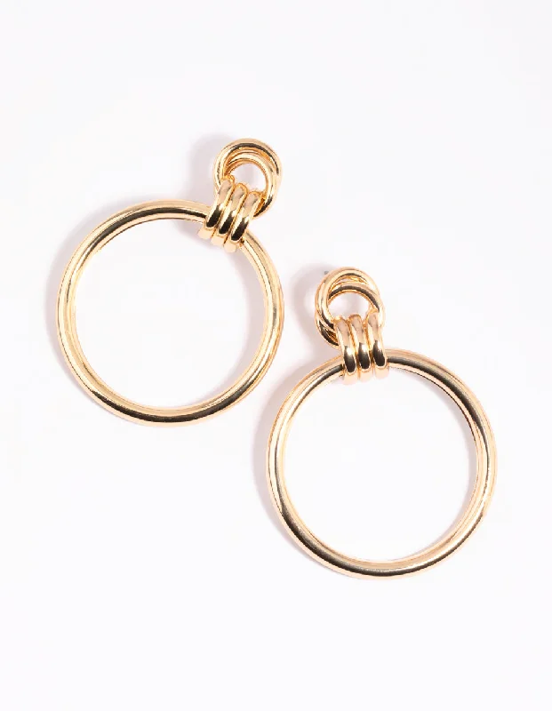 Affordable silver earrings for women-Gold Circular Door Knocker Drop Earrings