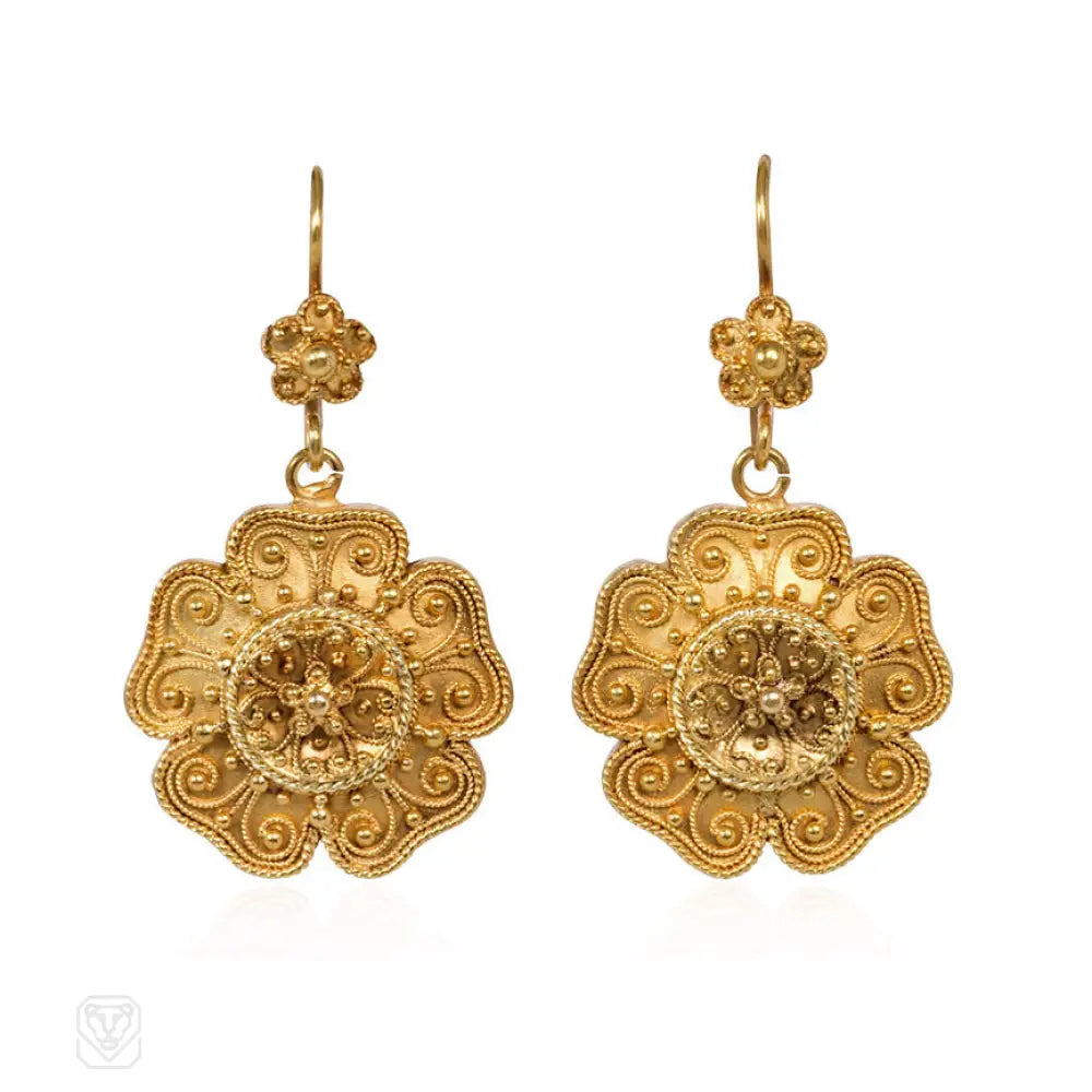 Trendy earrings with chain designs-Antique gold flower earrings