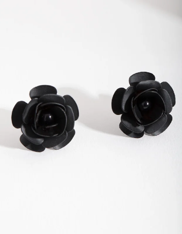 Classic pearl earrings for women-Black Rose Stud Earrings