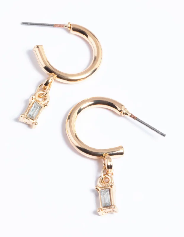 Affordable silver earrings for women-Gold Stone Drop Huggie Earrings