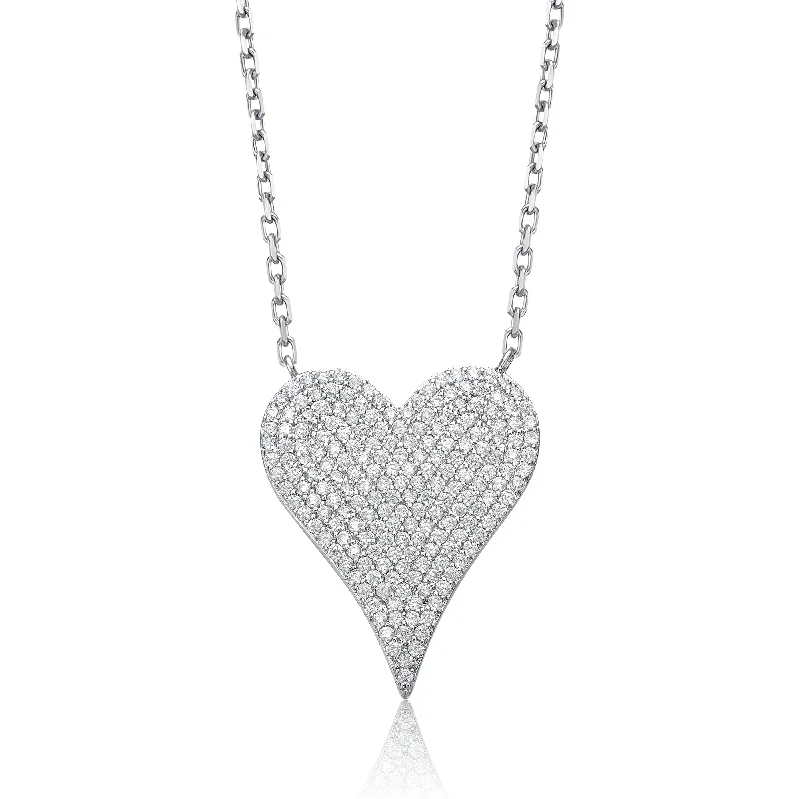 Custom-made necklaces with charms-White Gold Plated Sterling Silver with Pave Cubic Zirconia Heart Layering Necklace