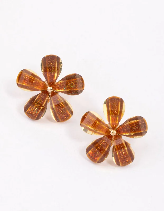 Unique earrings with black diamonds-Gold Classic Flower Stud Earrings