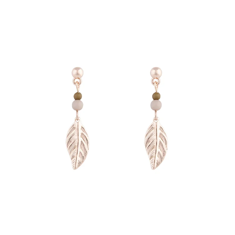 Simple earrings with diamonds-Rose Gold Textured Leaf Drop Earrings