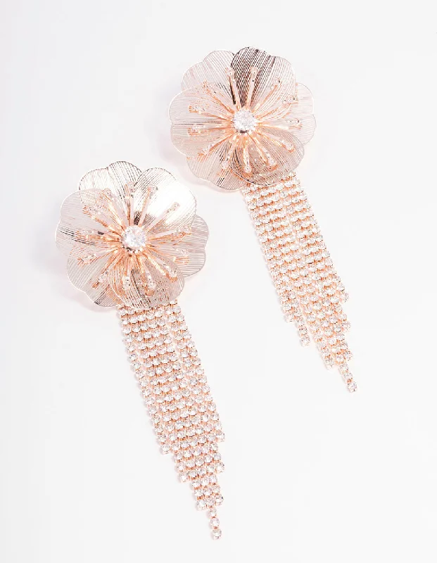 Vintage-style earrings for women-Rose Gold Flower Diamante Cup Chain Drop Earrings