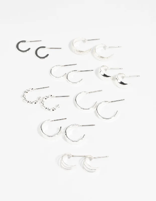 Affordable silver earrings for women-Silver Textured Hoop Earring 8-Pack