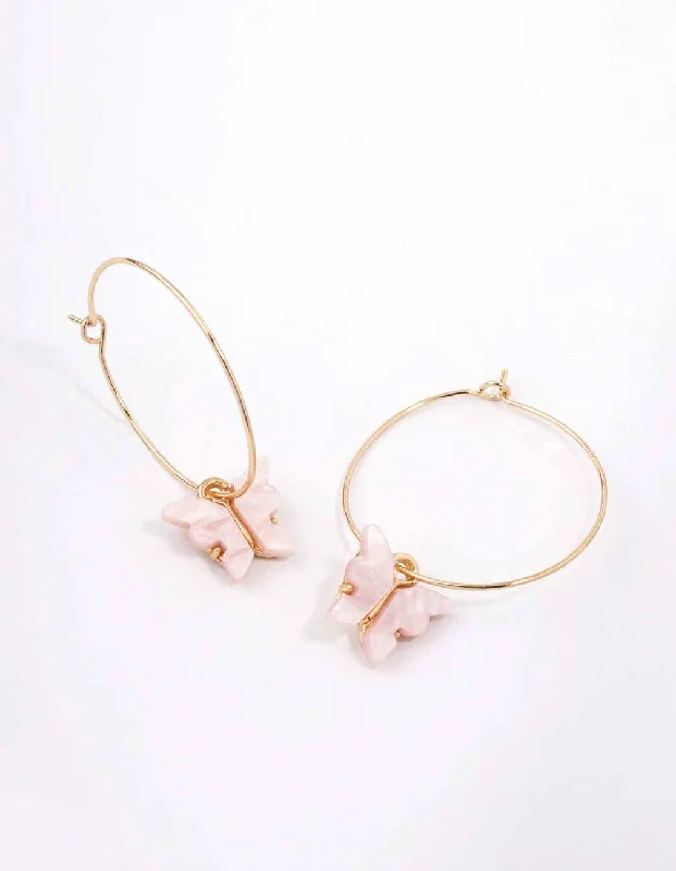 Stunning earrings with citrine stones-Gold Fine Butterfly Hoop Earrings