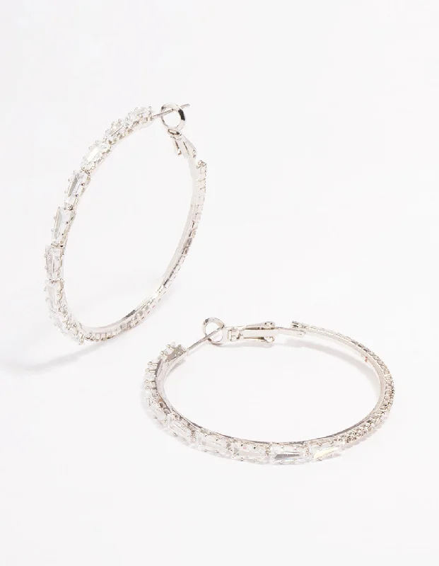 Affordable gold earrings for women-Silver Cubic Zirconia Baguette Stone Hoop Earrings