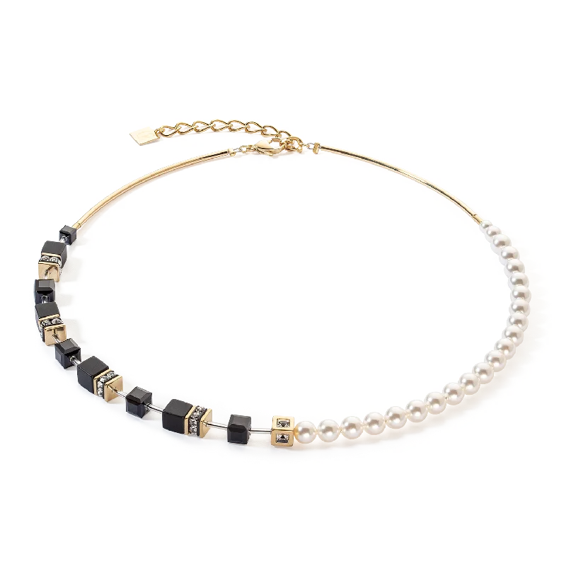 Elegant gemstone necklaces with gold chains-GeoCUBE® Precious Fusion Pearls necklace black-gold