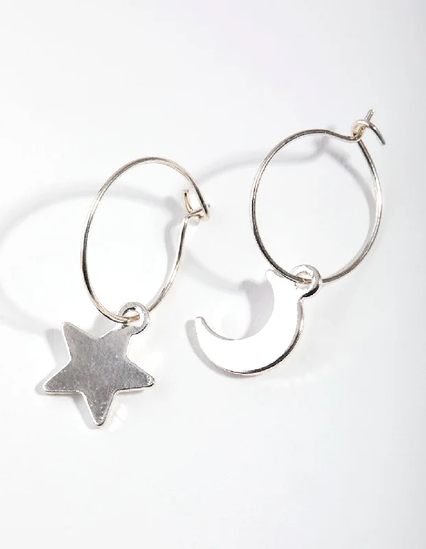 Fashionable hoop earrings with charms-Silver Star Moon Huggie Earrings